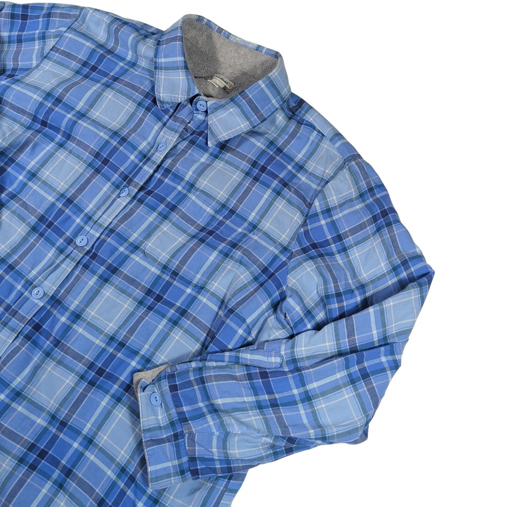 LL Bean Shirt Womens 1X Blue Plaid Fleece Lined Flannel Cotton Button Up 285015